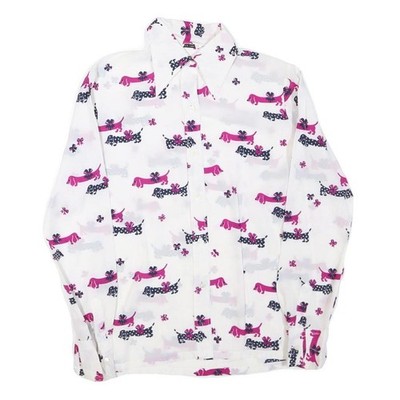 Damen Shirt weiß & rosa Hundedruck Langarm Spitzkragen S Polyestermischung