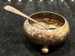 Antique Marked Sterling Silver Footed Salt Cellar And Spoon, Possibility English