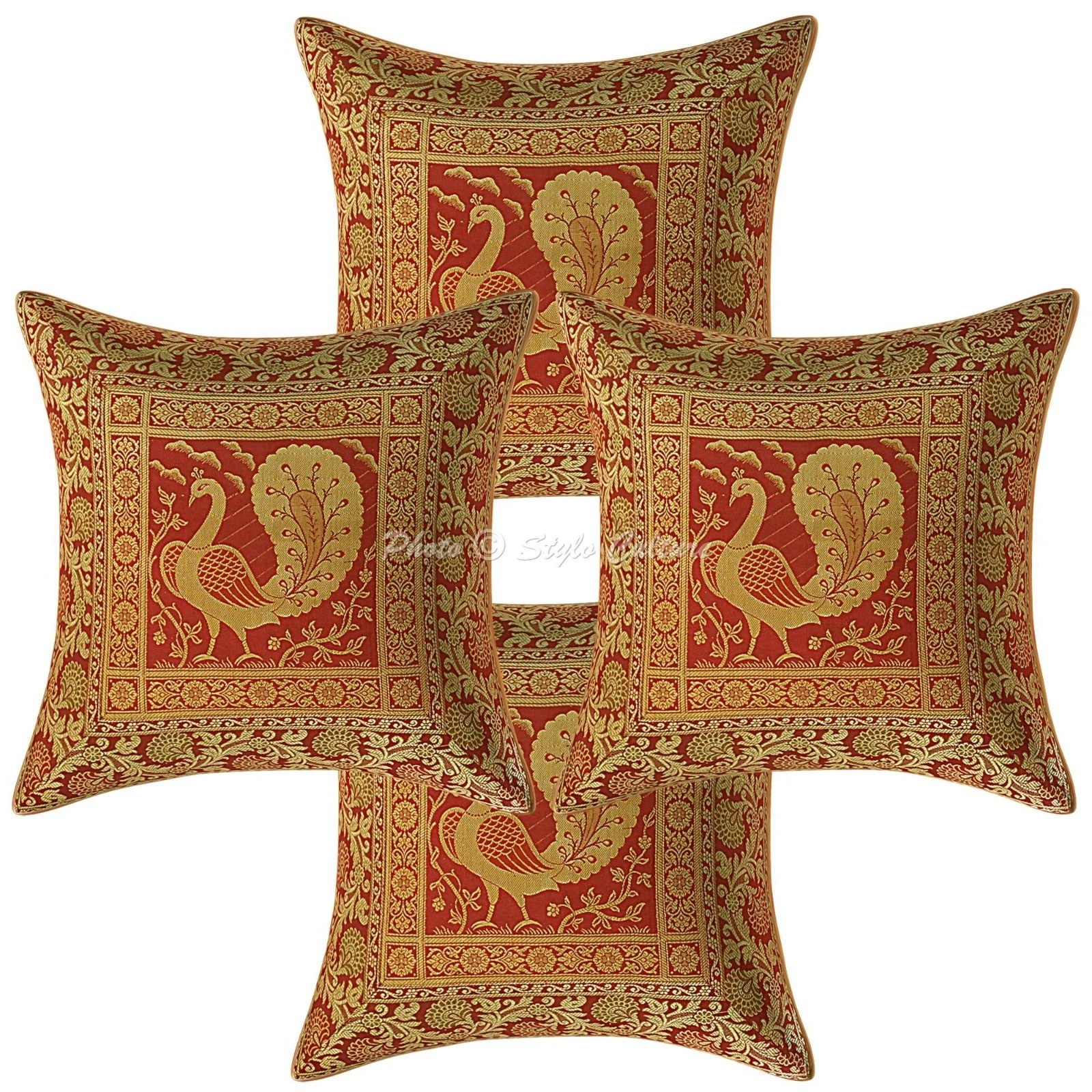 Ethnic Brocade Throw Pillow Covers Jacquard Maroon Peacock Home Decor 40x40 cm
