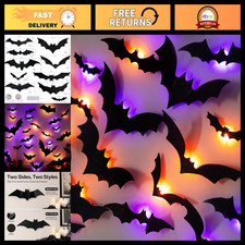 100 PCS 3D Halloween Bat Stickers - Lighted Purple Orange Wall Decor, Party Su