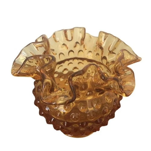 Vintage Fenton Amber Hobnail Ruffled Rose Bowl Vase Candy Dish Decor