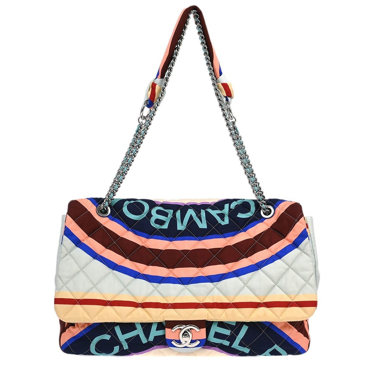CHANEL ネイビー キルティング ショルダーバッグ Chanel Light Blue Navy Satin XXL Quilted Printed Shoulder