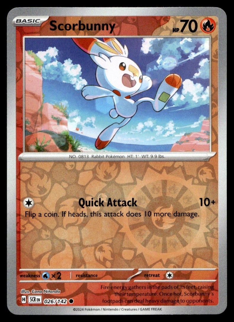 Scorbunny 26/142 Pokemon Card Stellar Crown Common 70 HP Rev Holo LP LC