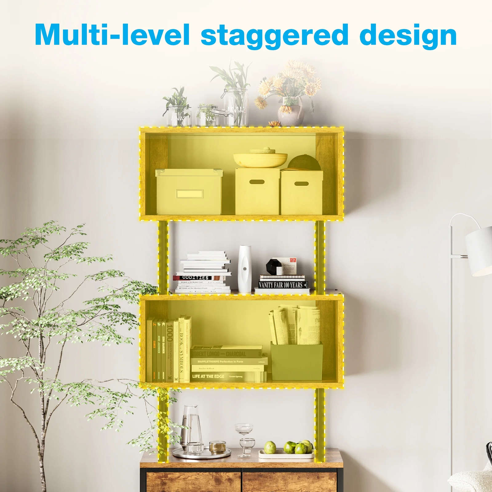📚 5-Tier Bookshelf with 3 Drawers – Industrial Wood & Metal Storage Shelf