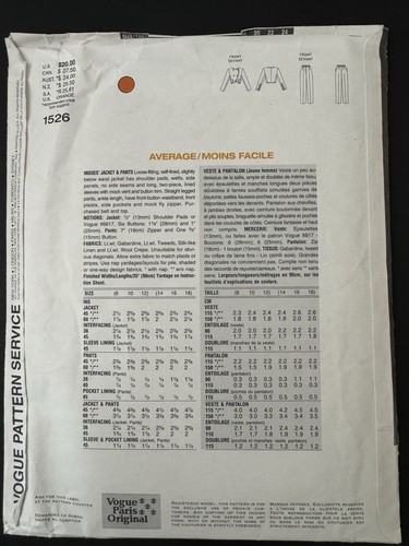 1526 Vogue GIVENCHY Paris Original JACKET PANTS Sewing Pattern Size 14 16 18 - Picture 2 of 2