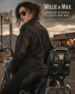 Willie & Max Black Magic Studded Leather Sissy Bar Bag with Eagle Emblem