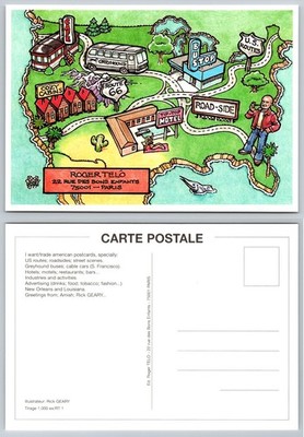 Rick Geary 1999 Roger Telo Cartoon Map Postcard Route 66 Greyhound Bus Motel