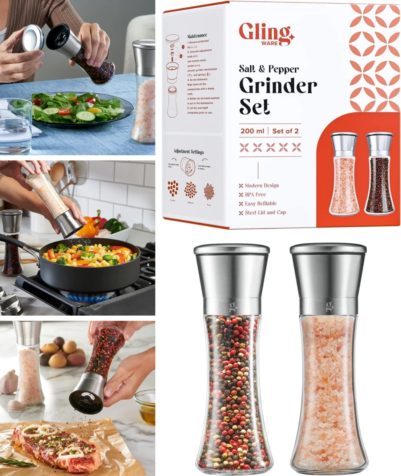 Electric Salt Pepper Grinder Refillable Recharge Stainless Shaker Glingware 2pc