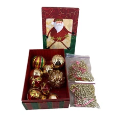 Vintage Christmas Tree Ornaments 12 Asst Size Decorative Storage Box 2 Bag Beads