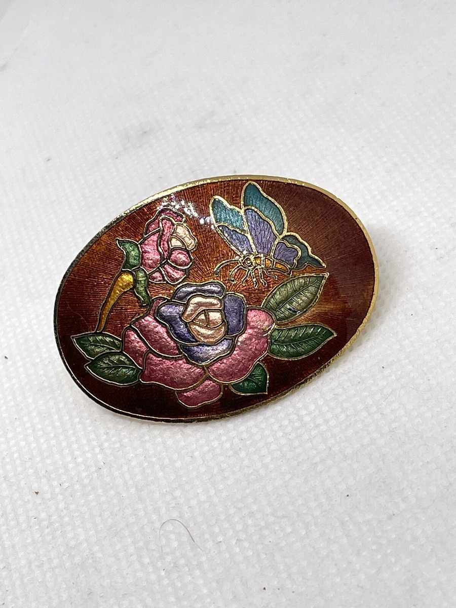 Vintage Cloisonne Enamel Belt Buckle Blue Floral Butterfly Gold Tone Oval 2.5\