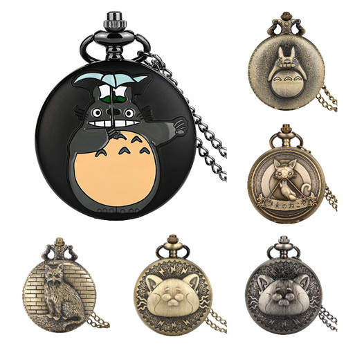 Antique Cat Pattern Full Hunter Quartz Pocket Watch for Men Women Necklace Chain