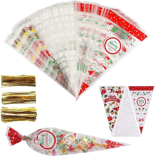 20 Large Christmas Cone Cello Cellophane Party Bags for Gifts Sweets Twist Ties