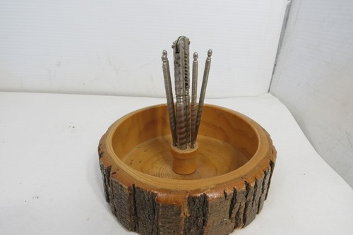 Vintage Nut Cracker Set Round Wooden Bowl with 4 Picks and Cracker 7" x 2" - Picture 2 of 7