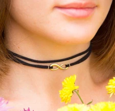 Infinity Choker Black Suede Cord Necklace Fashion Jewelry for Women Double Chain