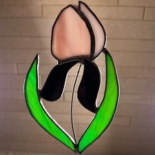 Rare light pink, black  green stained glass Iris sun-catcher. 6  x 4  