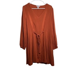 Nine West Dress Women's XL Orange V-Neck Tie Long Sleeve Career Shift Solid