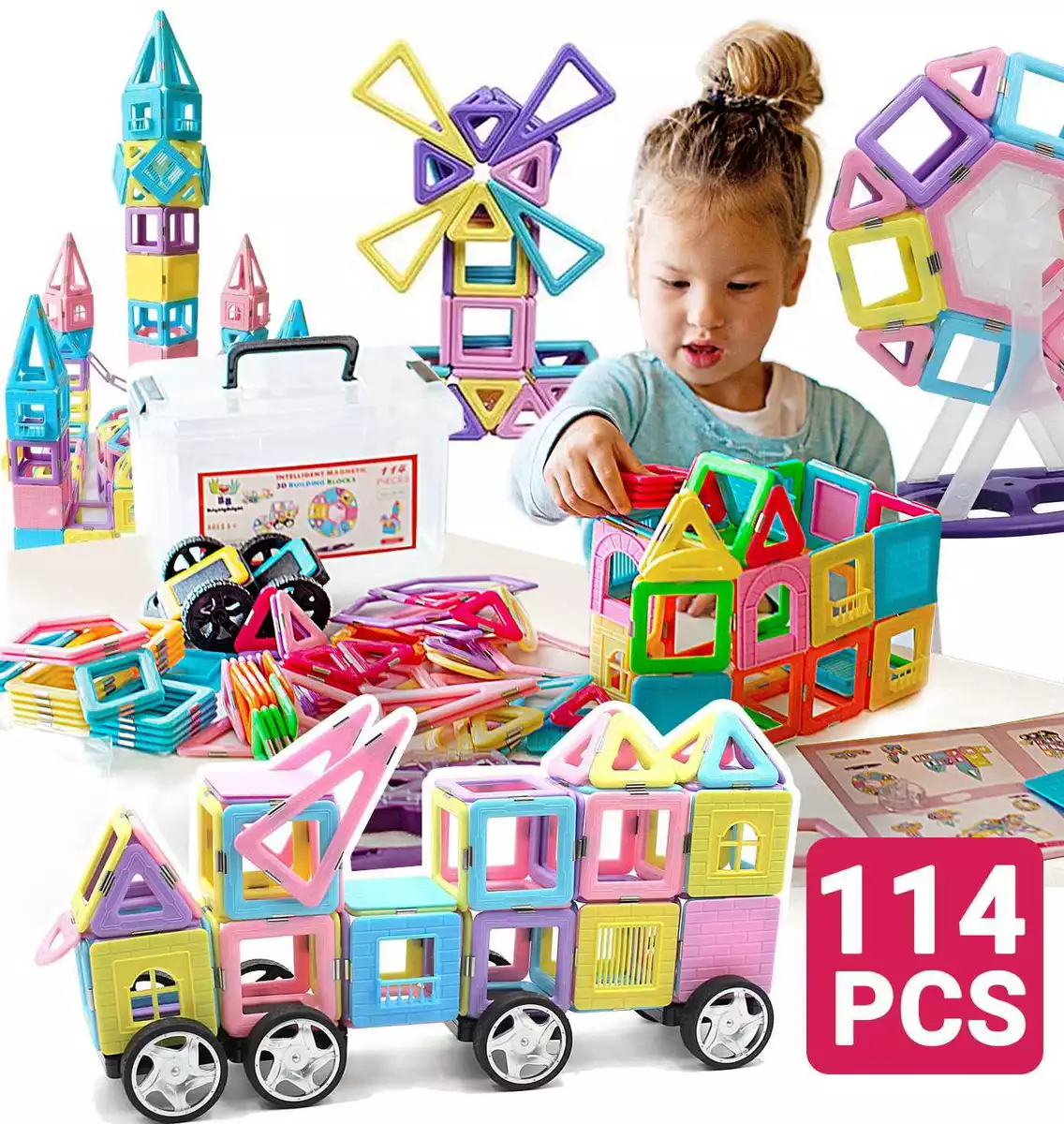 76pcs Magnetic Tiles Building Blocks Kids Toys Gifts set For Boy Girls 3  Year up