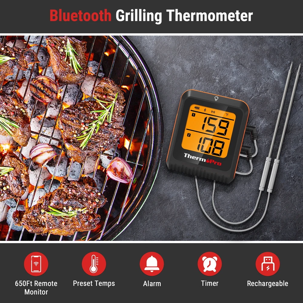 Bluetooth Meat Thermometer Dual Probes 500ft Range Accurate Cooking Alerts App