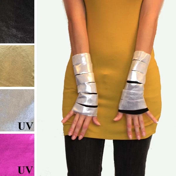 Cut Out Gloves Silver Wrist Cuffs Holographic Hand Warmers Cosplay Costume Shiny