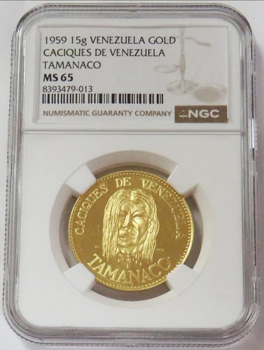 1959 GOLD VENEZUELA TAMANACO SEVERED HEAD CACIQUES CHIEF 15 GRAM NGC MS 65