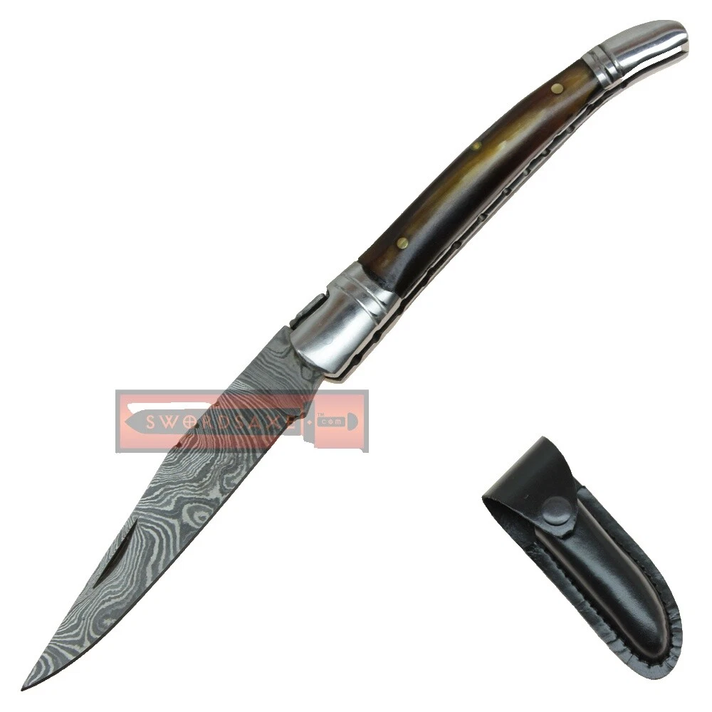Damascus Steel Blade Horn Handle Collectible Modern Pocketknives Folding Knives