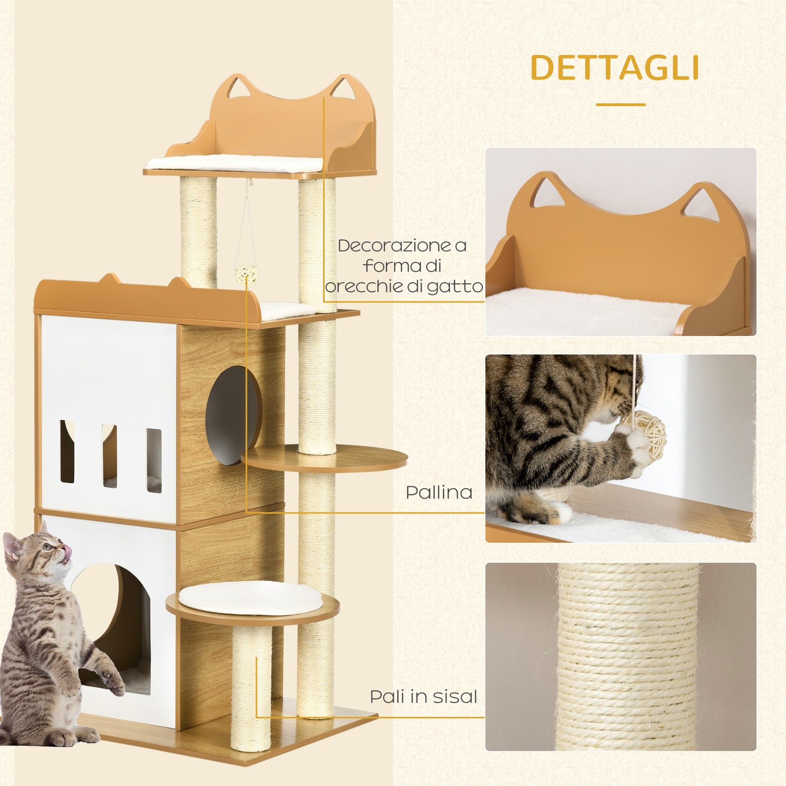 PawHut Albero per Gatti con Tiragraffi 2 Casette Posatoi e Pallina da Gioco foto 6
