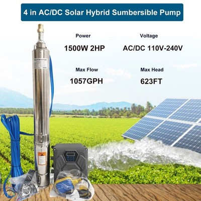 2HP 4'' AC/DC 110-220V Solar Powered Bore Well Water Pump Submersible Hybrid Deep