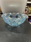 Vintage LE Smith Ice Blue Iridescent Carnival Glass Bowl Sawtooth Edges Round