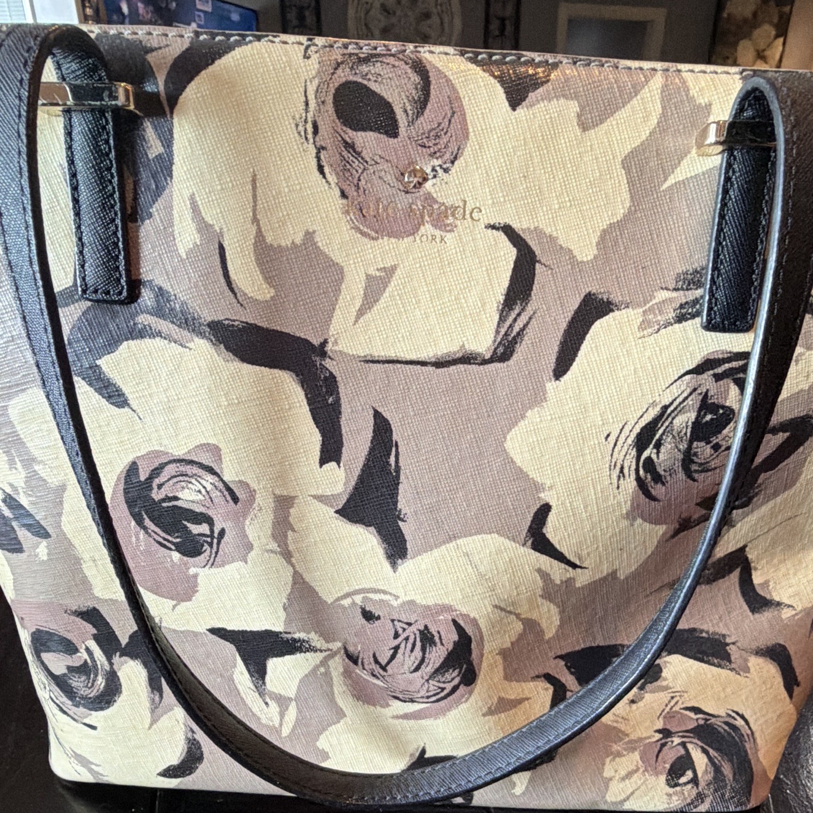 Kate Spade New York Floral Tote Bag Zip Closure Double Handles Beige/Black
