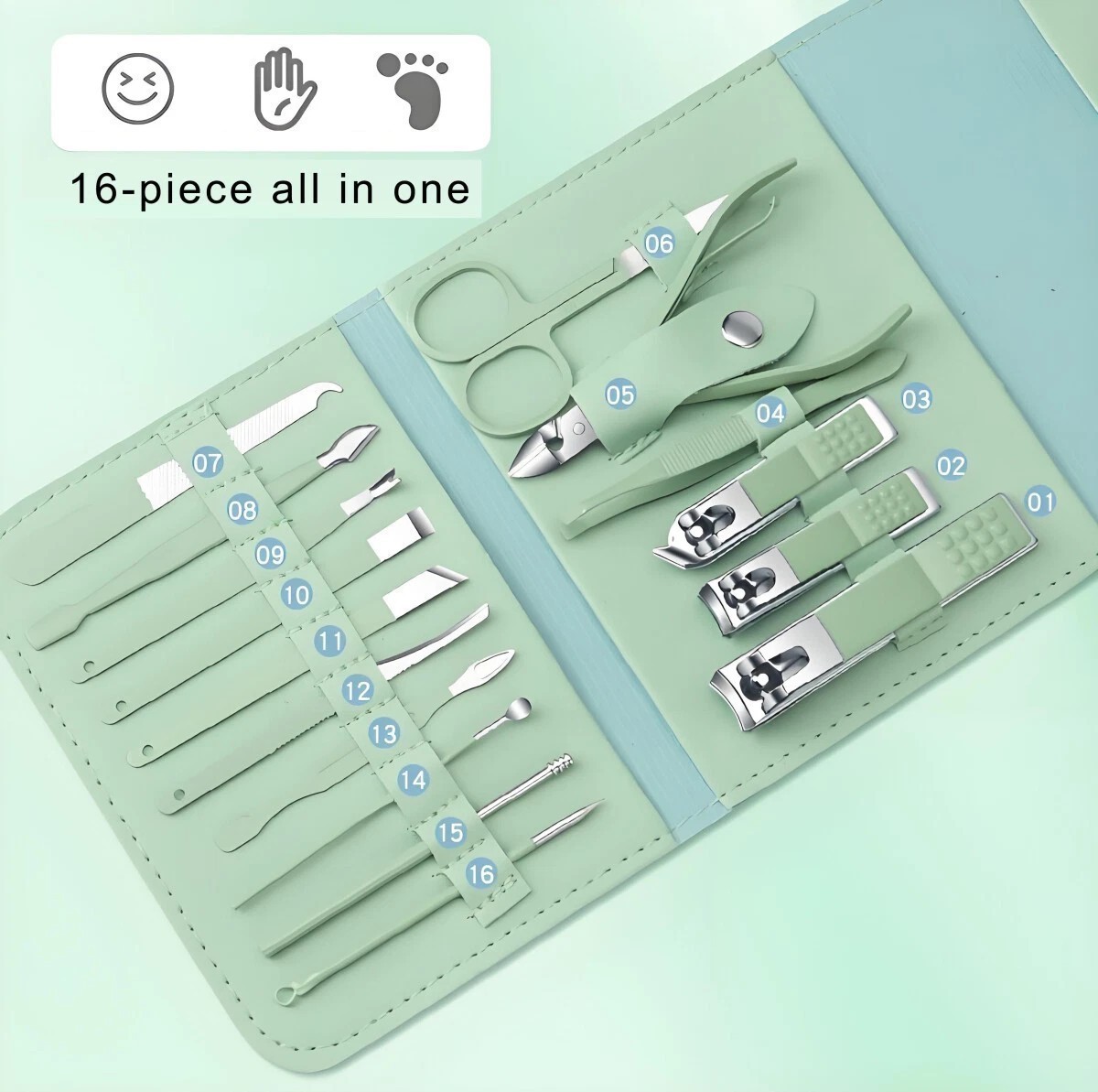 16PCS Stainless Steel Nail Clipper Trimmer Set Pedicure Kit Manicure Set
