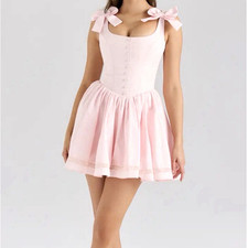 HOUSE OF CB Women's XS Pink Solid Square Neck Bow Strap Fit & Flare Mini Dress