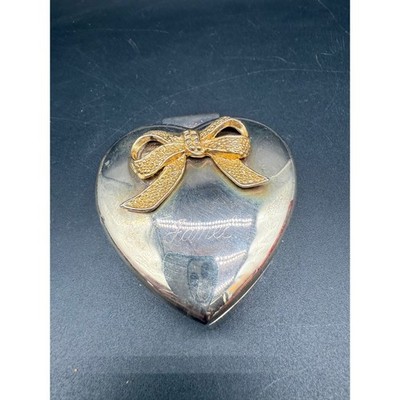 Vintage Silver Tone Heart Trinket Box Gold Bow Hinged Jewelry Keepsake Engraved