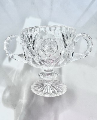 Vintage hand cut crystal sugar bowl rose motif Dual handles