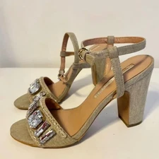 Audrey Brooke Open Toe Ankle Strap Block Heel Sandals Embellished Tan Grey 7.5
