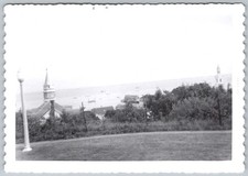 Vtg B&W Snapshot Coastal Town Harbor View Church Spire Lamp Post 1940s