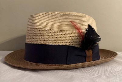 VTG Dobbs Fifth Ave NY Fedora Straw Hat TWO TONE Natural Beige Tan Black Band