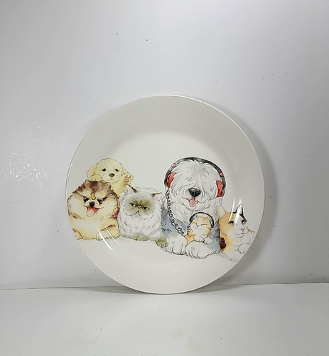 Pier 1 Ironstone Salad Lunch Plate Rock & Roll Animals Cats Puppy Sheepdog 8.75” - Picture 2 of 6