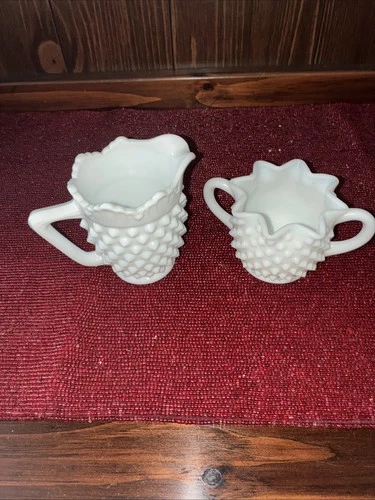 Fenton Hobnail Star Creamer And Sugar Bowl White Milk Glass Vintage 2pc Set