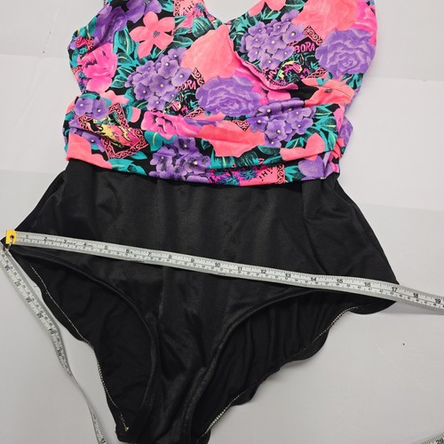 Catalina Vintage Neon Floral One Piece Swimsuit Black Pink Purple Retro 14 - Picture 4 of 6