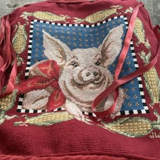 PIG  Bow Cornelius Corn Pattern Needlepoint Pillow Chair Cushion Cover 17” NWOT