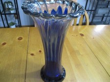 Vintage Blue Ombre Blown Swung Thick Glass Vase,Ruffled,14" Tall Murano Style