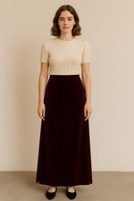 Vtg STAR C.C.C Maxi Skirt Women Velvet M Burgundy Wine Red Elastic Waist Slit