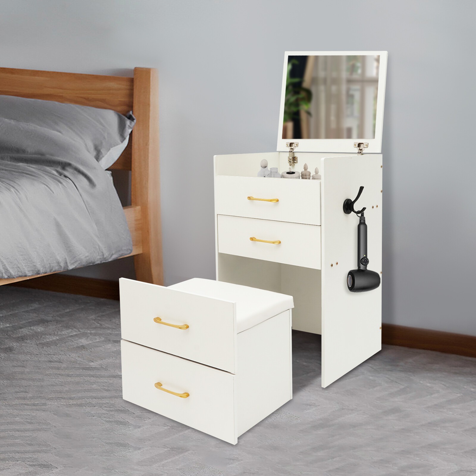 Makeup Desk with Mirror, Compact Dressing Table, Small Make Up Table White