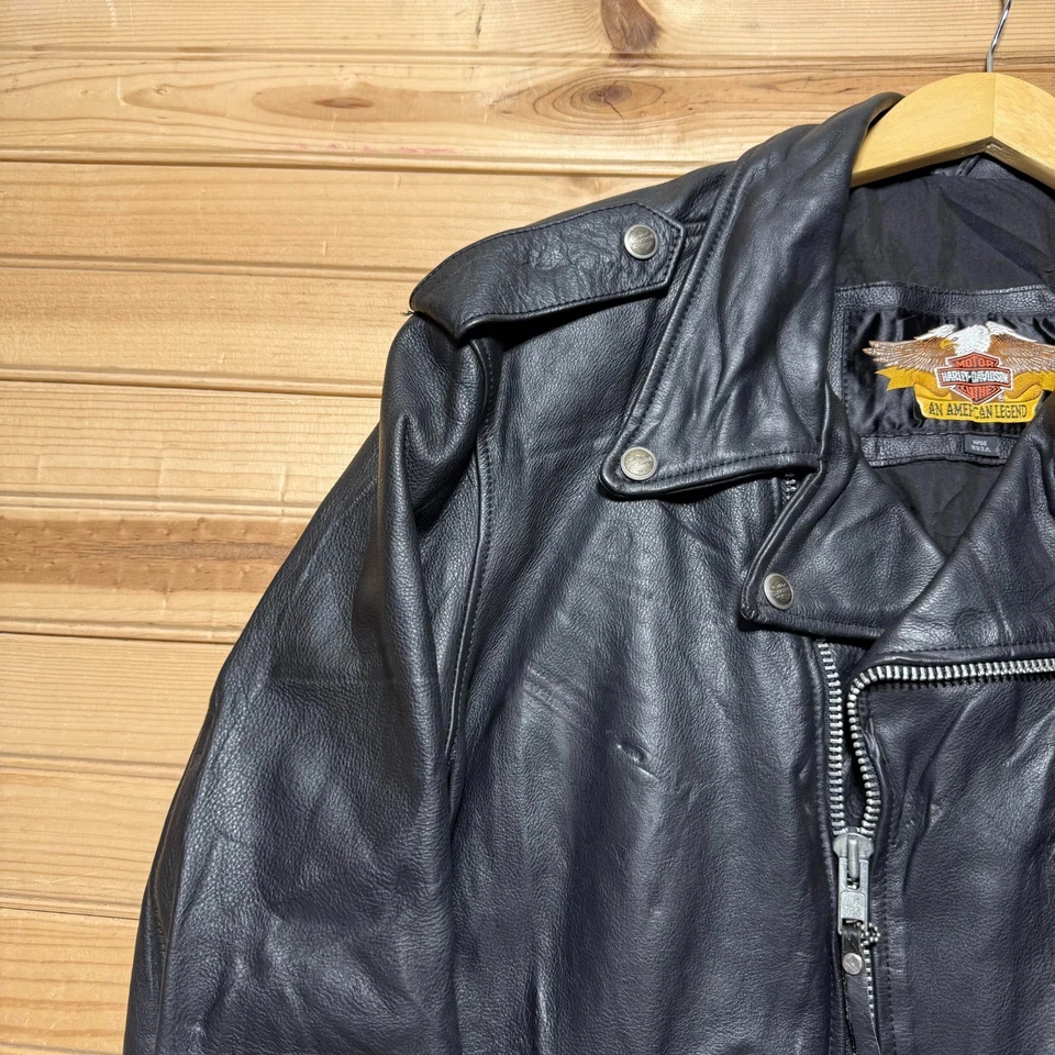 Jaqueta Bombardeiro Motociclista Vintage Anos 90 Harley Davidson Couro Genuíno Fabricada nos EUA - Grande - Imagem 3 de 4