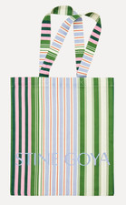Authentic Stine Goya Pink Green Blue Forest Stripe Cotton Tote Bag 17 1/2 x 15"