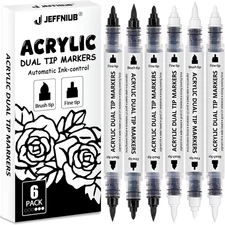 Black White Acrylic Paint Markers Dual Tip Set, 6Pcs Automatic Ink-Control Fine 