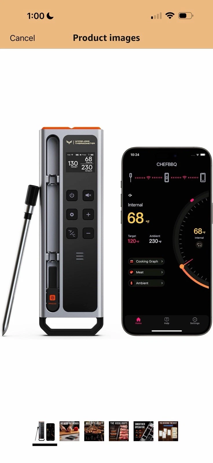 Meat Thermometer Digital Wireless, 800FT Long Range Bluetooth Cooking Thermomet