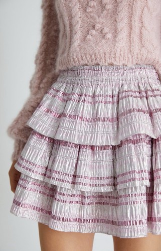 LoveShackFancy Brynlee Metallic Ruffled Tiered Mini Skirt Pink Silver