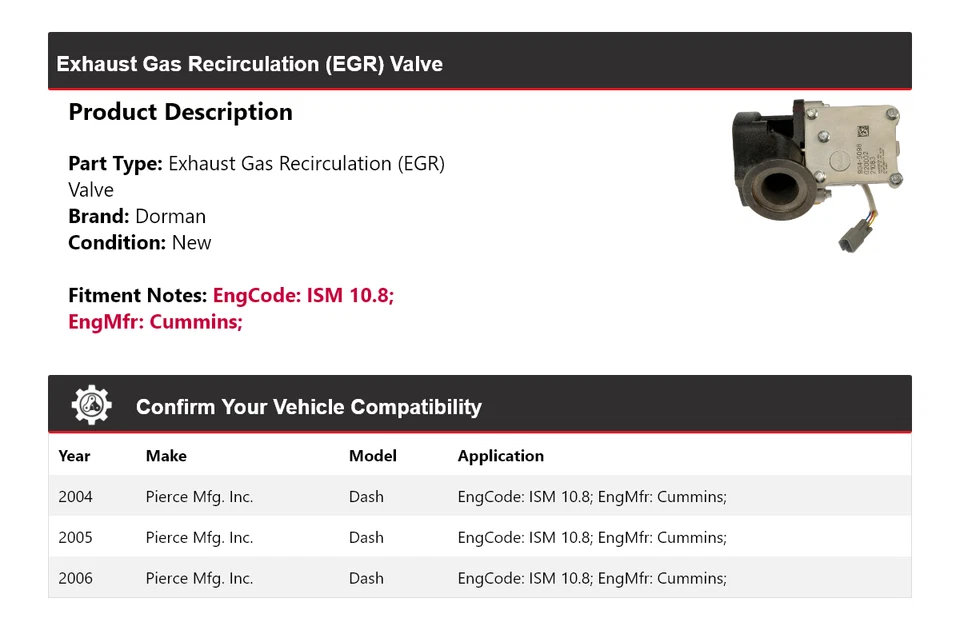 Para Pierce Mfg 2004-2006 Inc. Válvula de recirculación de gases de escape (EGR) Dash Dorman Foto 2 de 4