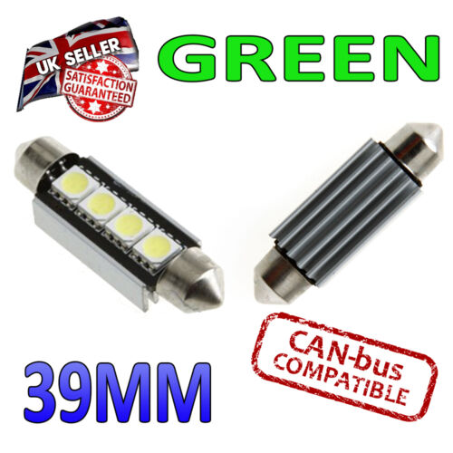 2 x 39mm Festoon Green Canbus LED Number Plate Interior 4 SMD Bulbs 239 - Afbeelding 1 van 3